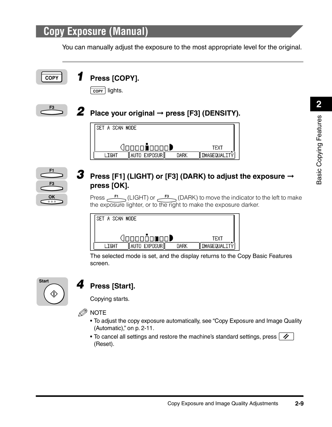 Canon 2010F manual Copy Exposure Manual, Press F1 Light or F3 Dark to adjust the exposure, Press Light or 