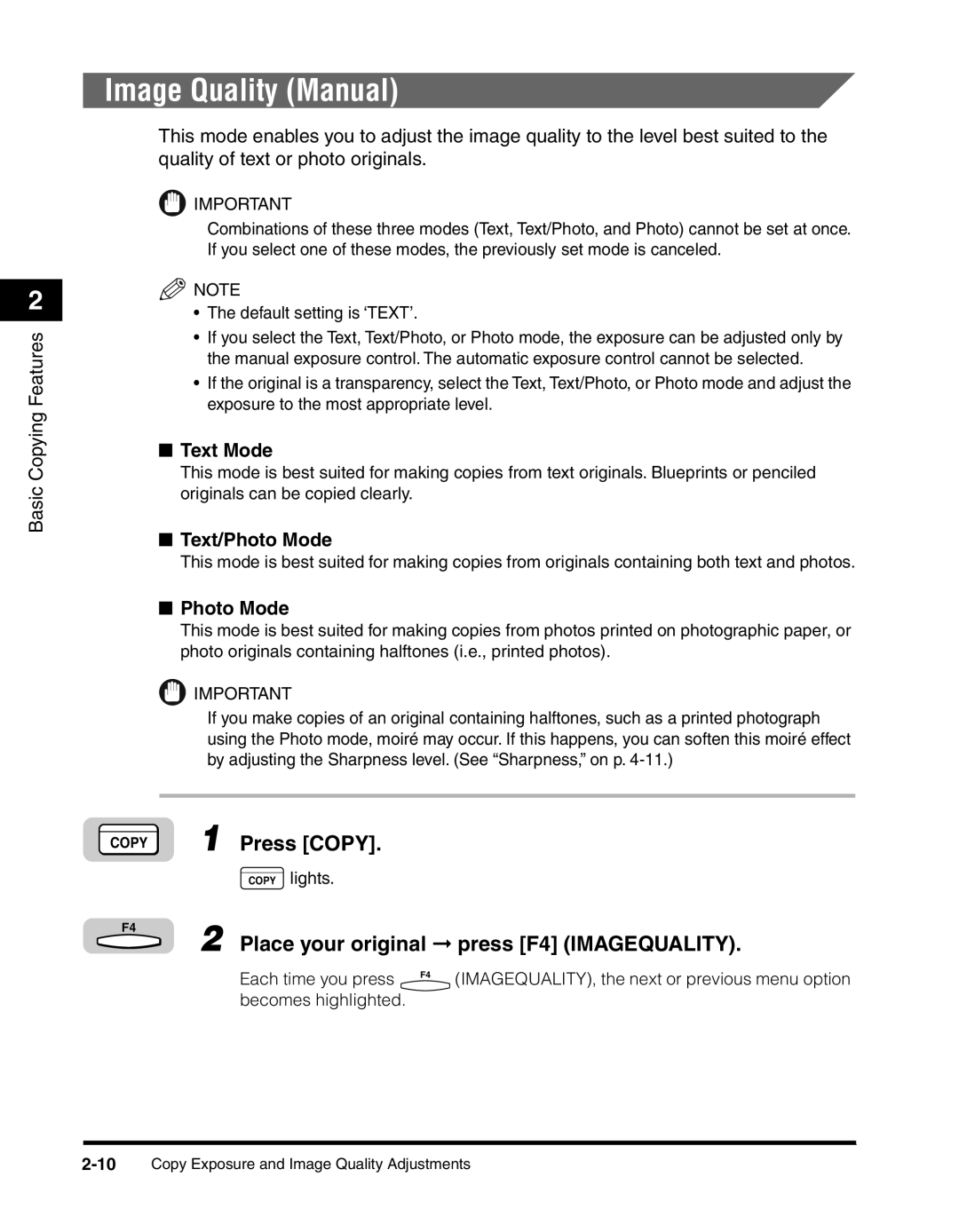 Canon 2010F manual Image Quality Manual, Place your original press F4 Imagequality, Text Mode, Text/Photo Mode 