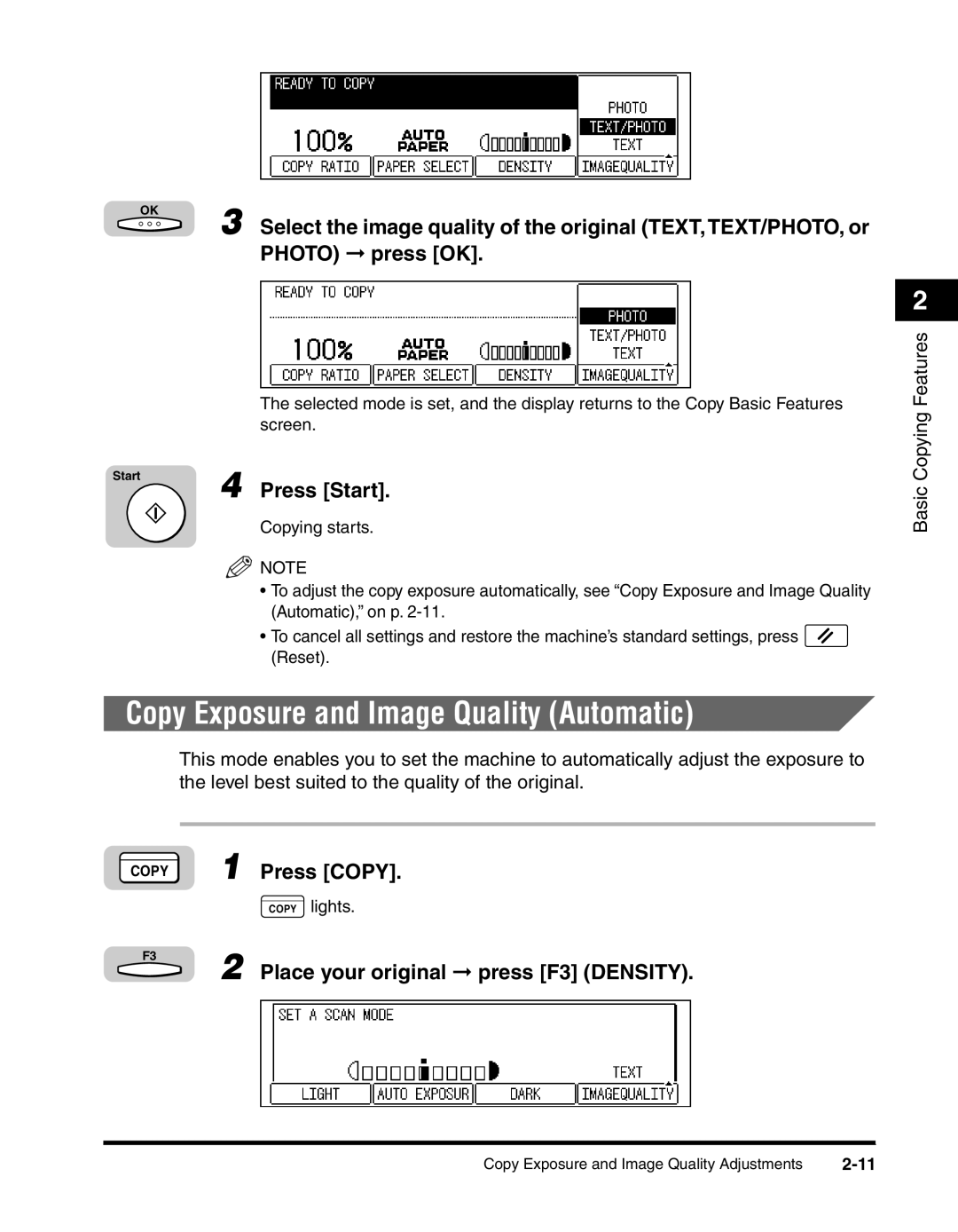 Canon 2010F manual Copy Exposure and Image Quality Automatic 