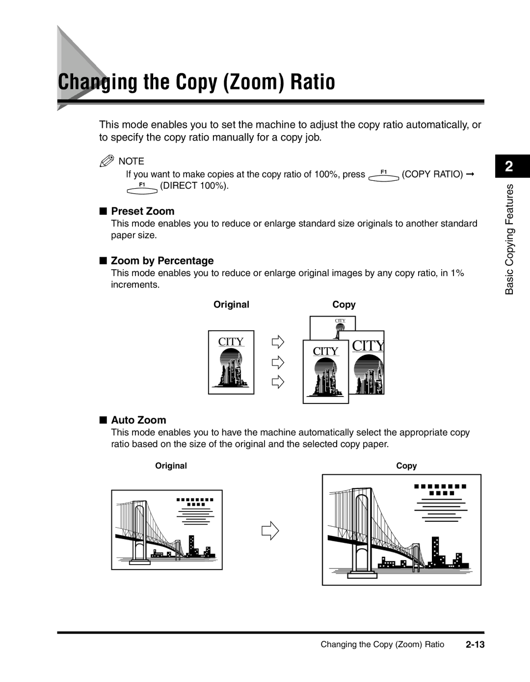 Canon 2010F manual Changing the Copy Zoom Ratio, Preset Zoom, Zoom by Percentage, Auto Zoom 