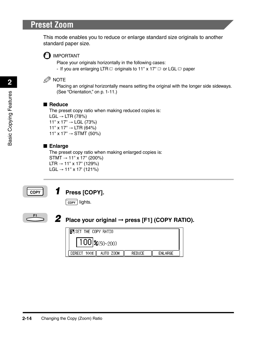 Canon 2010F manual Preset Zoom, Reduce, Enlarge 