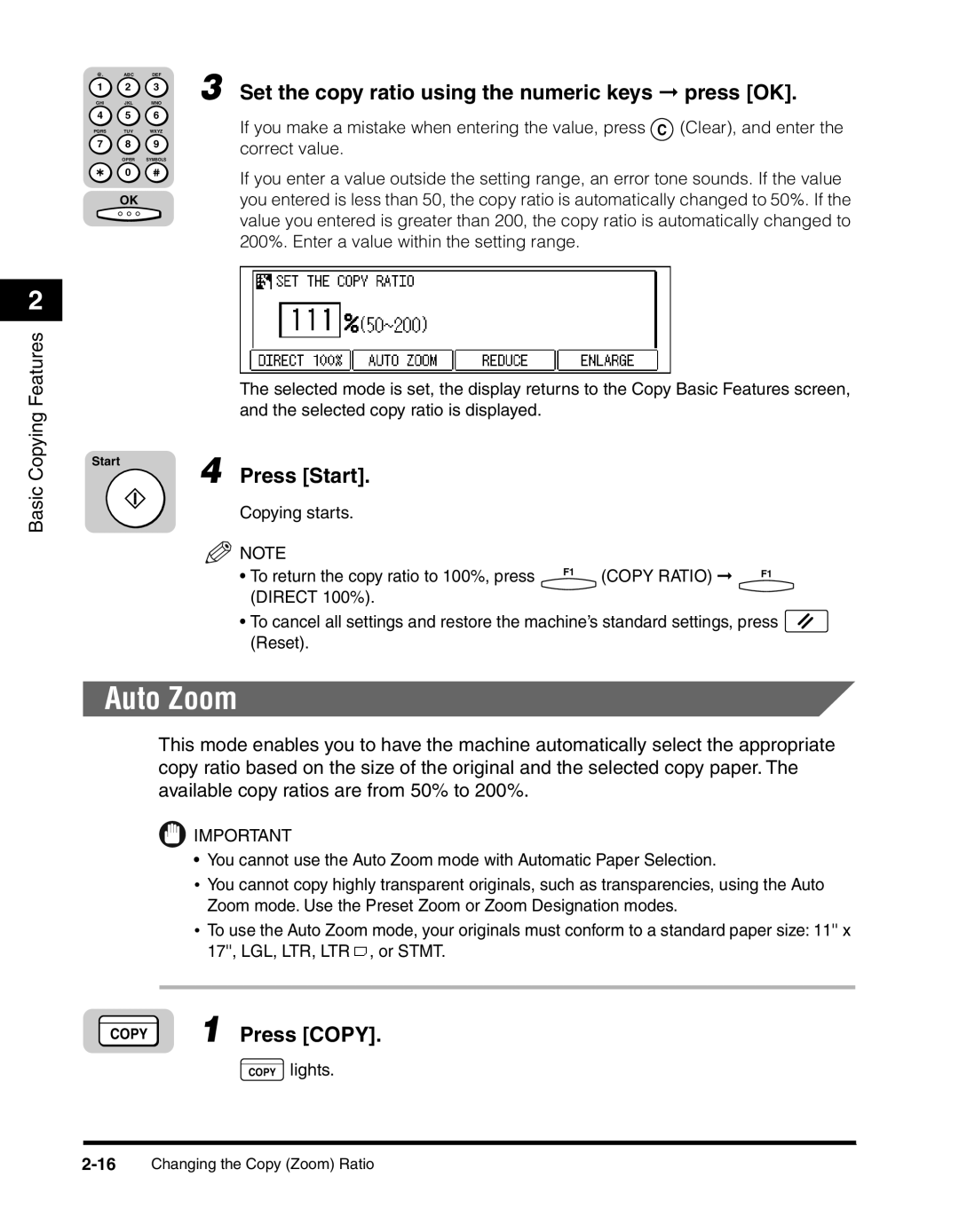 Canon 2010F manual Auto Zoom, Set the copy ratio using the numeric keys press OK, Correct value 