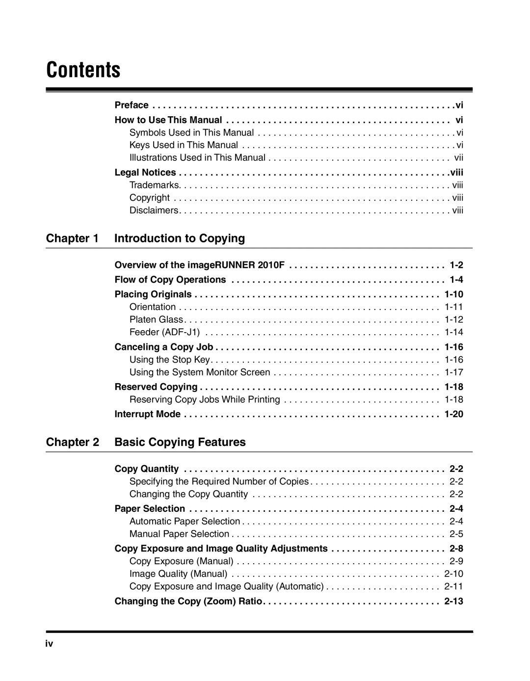 Canon 2010F manual Contents 