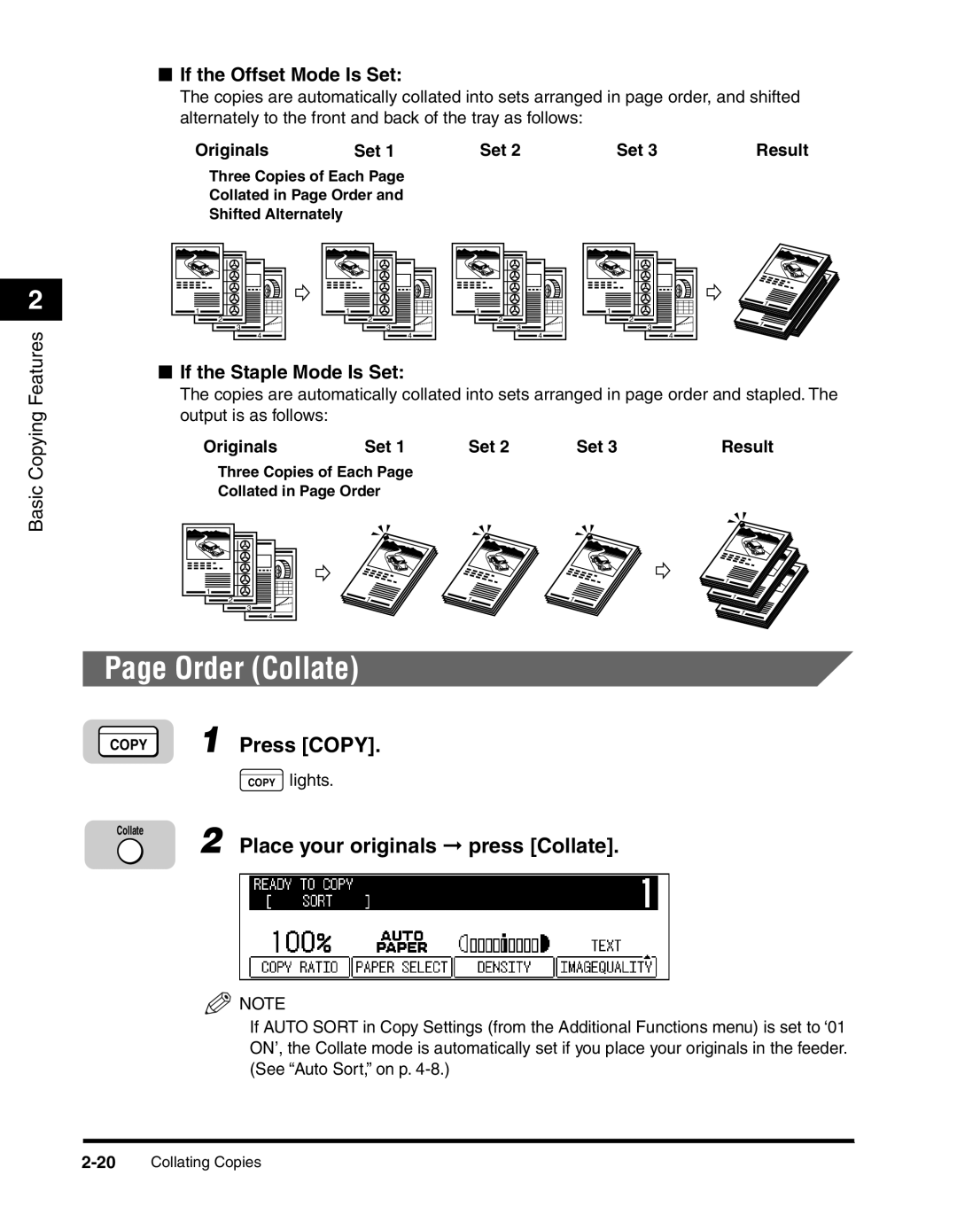 Canon 2010F manual Order Collate, If the Offset Mode Is Set, If the Staple Mode Is Set, Place your originals press Collate 