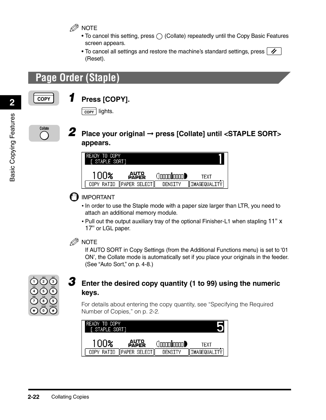 Canon 2010F manual Order Staple, Appears, Lights, Number of Copies, on p 