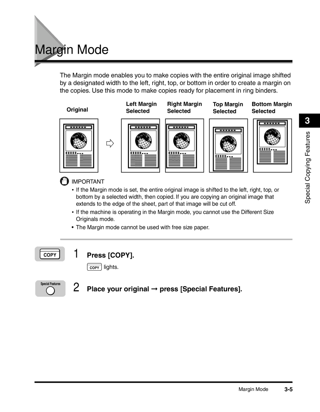 Canon 2010F manual Margin Mode, Place your original press Special Features, Original Left Margin Selected Right Margin 