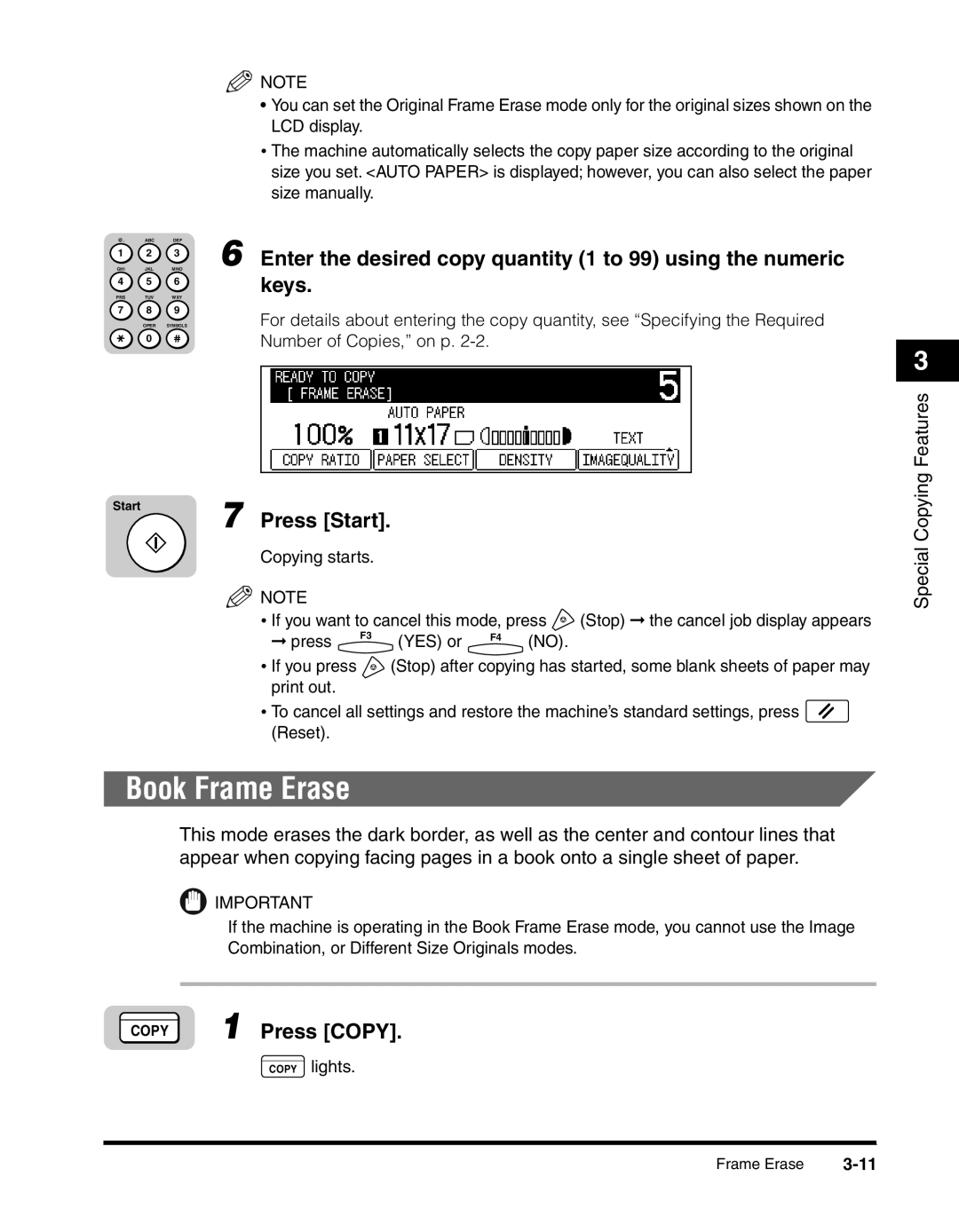 Canon 2010F manual Book Frame Erase, Enter the desired copy quantity 1 to 99 using the numeric 