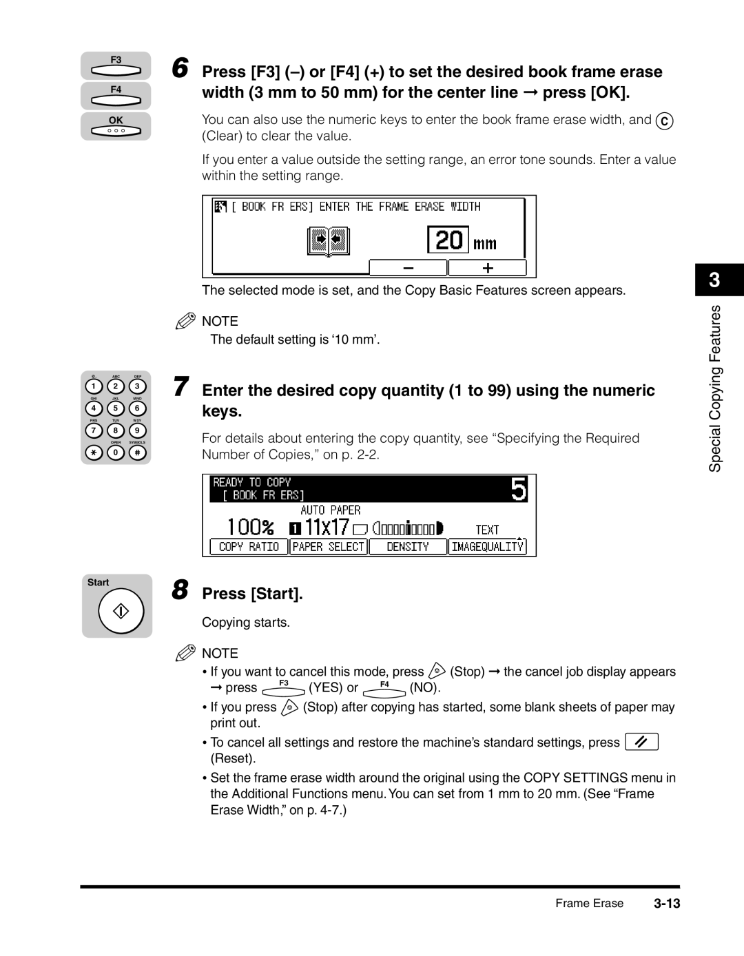 Canon 2010F manual Press F3 or F4 + to set the desired book frame erase, Width 3 mm to 50 mm for the center line press OK 