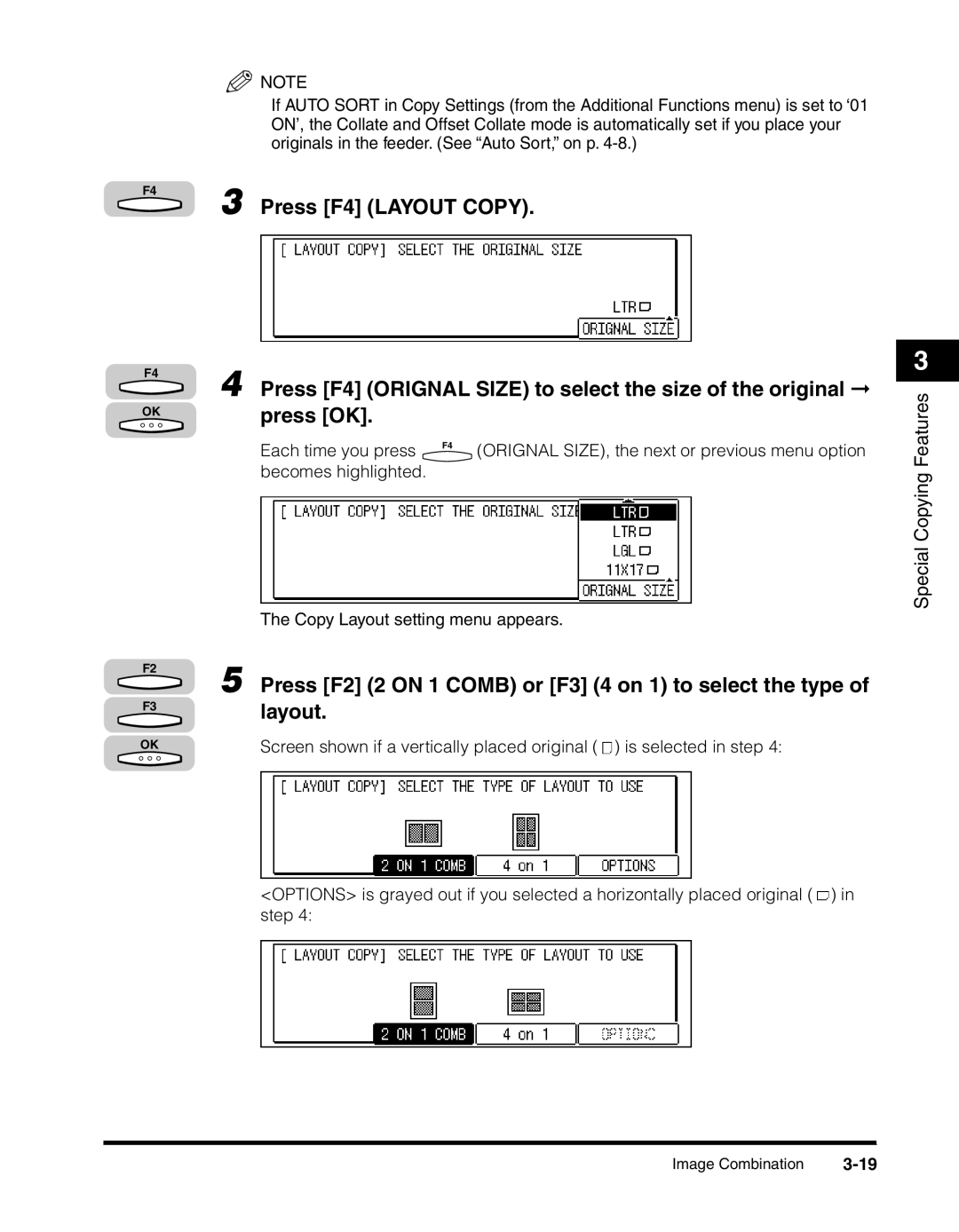 Canon 2010F manual Becomes highlighted Copy Layout setting menu appears 