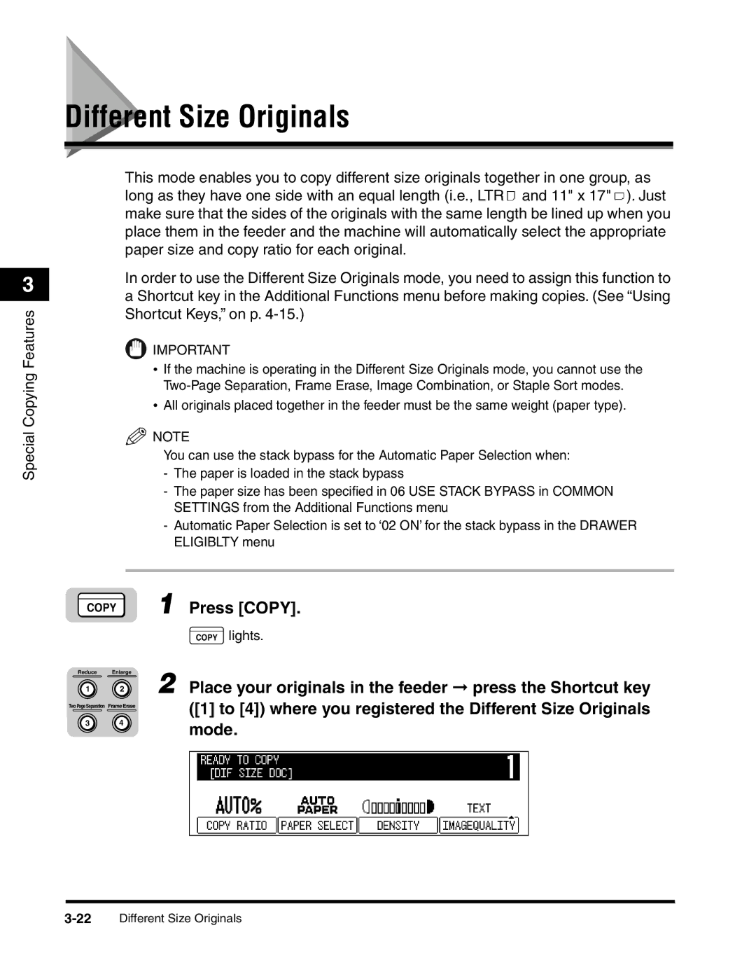 Canon 2010F manual Different Size Originals, Mode, Place your originals in the feeder press the Shortcut key 