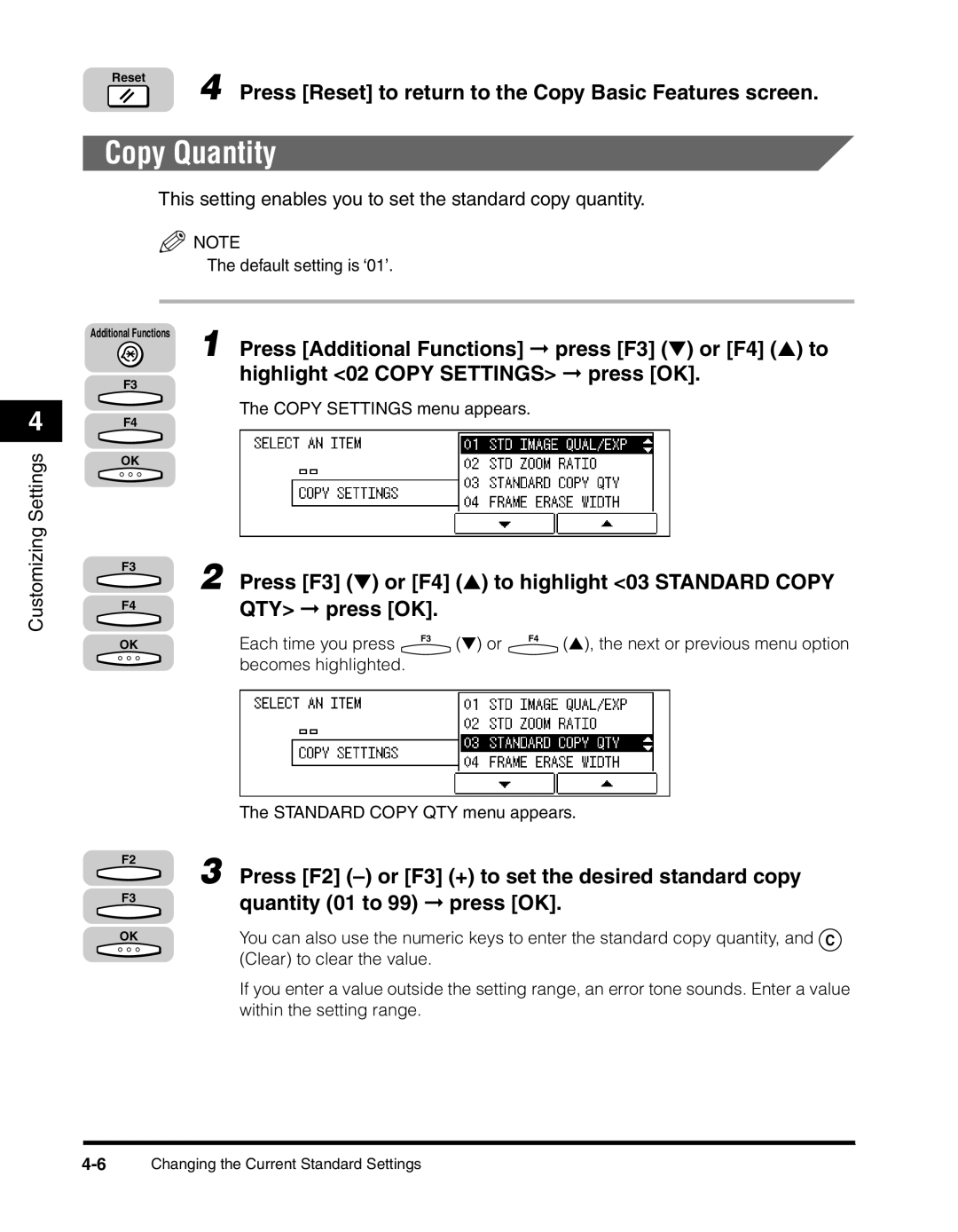 Canon 2010F manual Copy Quantity, Press F3 or F4 to highlight 03 Standard Copy QTY press OK 