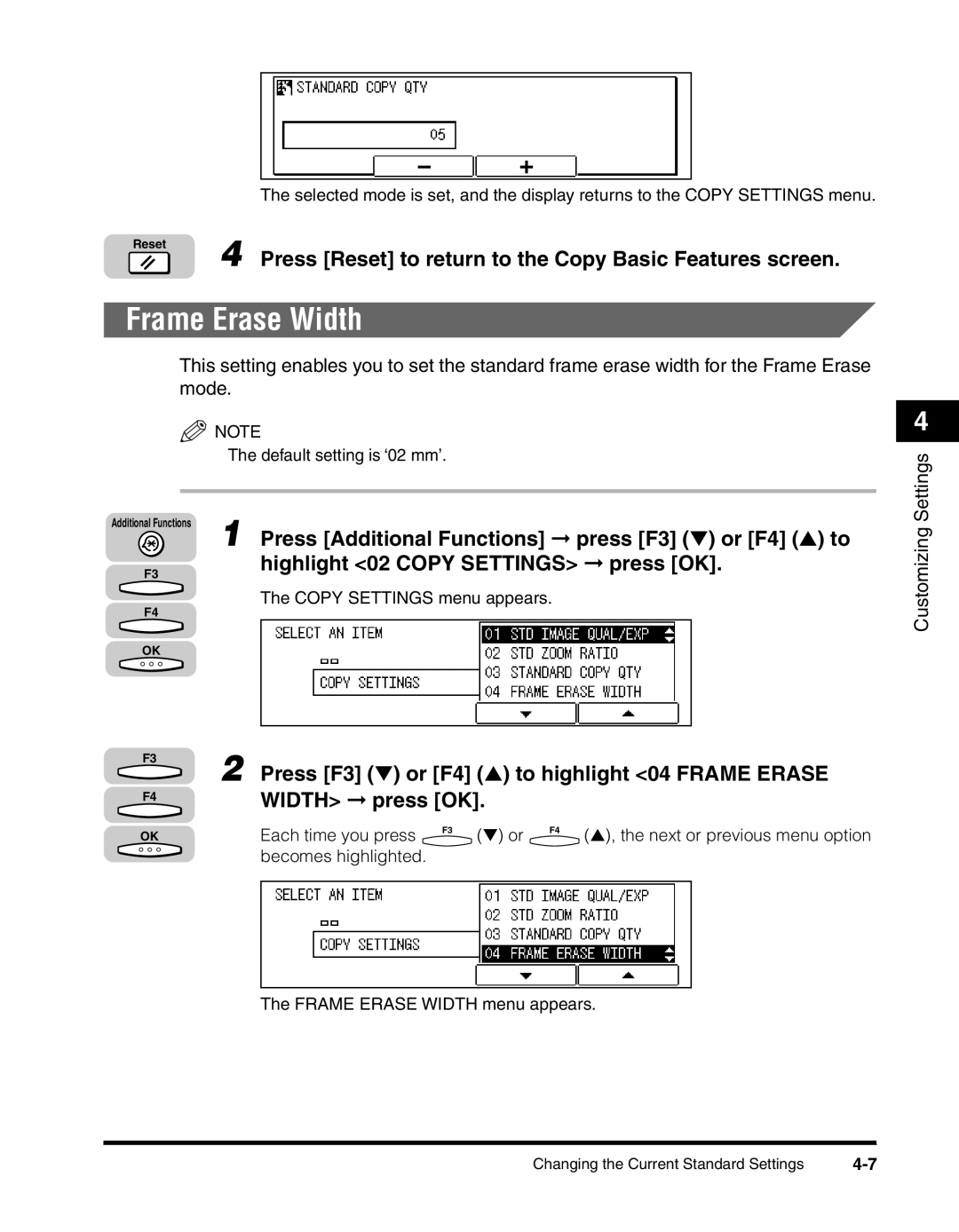 Canon 2010F manual Frame Erase Width, Press F3 or F4 to highlight 04 Frame Erase, Width press OK 