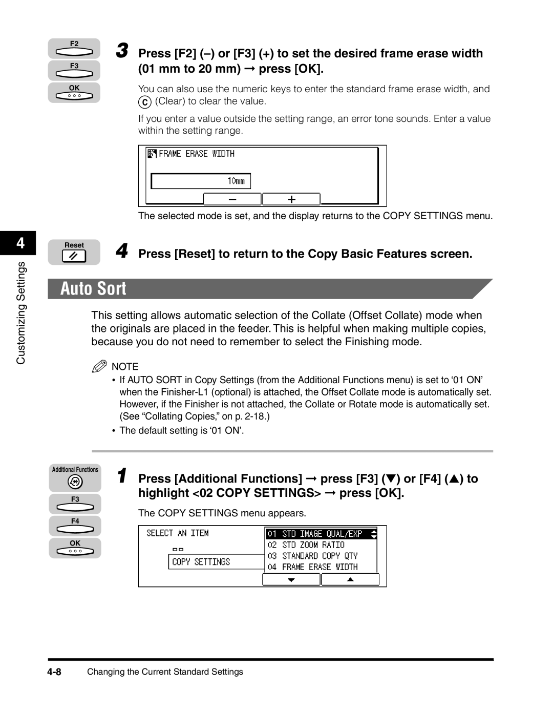 Canon 2010F manual Auto Sort, Press F2 or F3 + to set the desired frame erase width, Mm to 20 mm press OK 