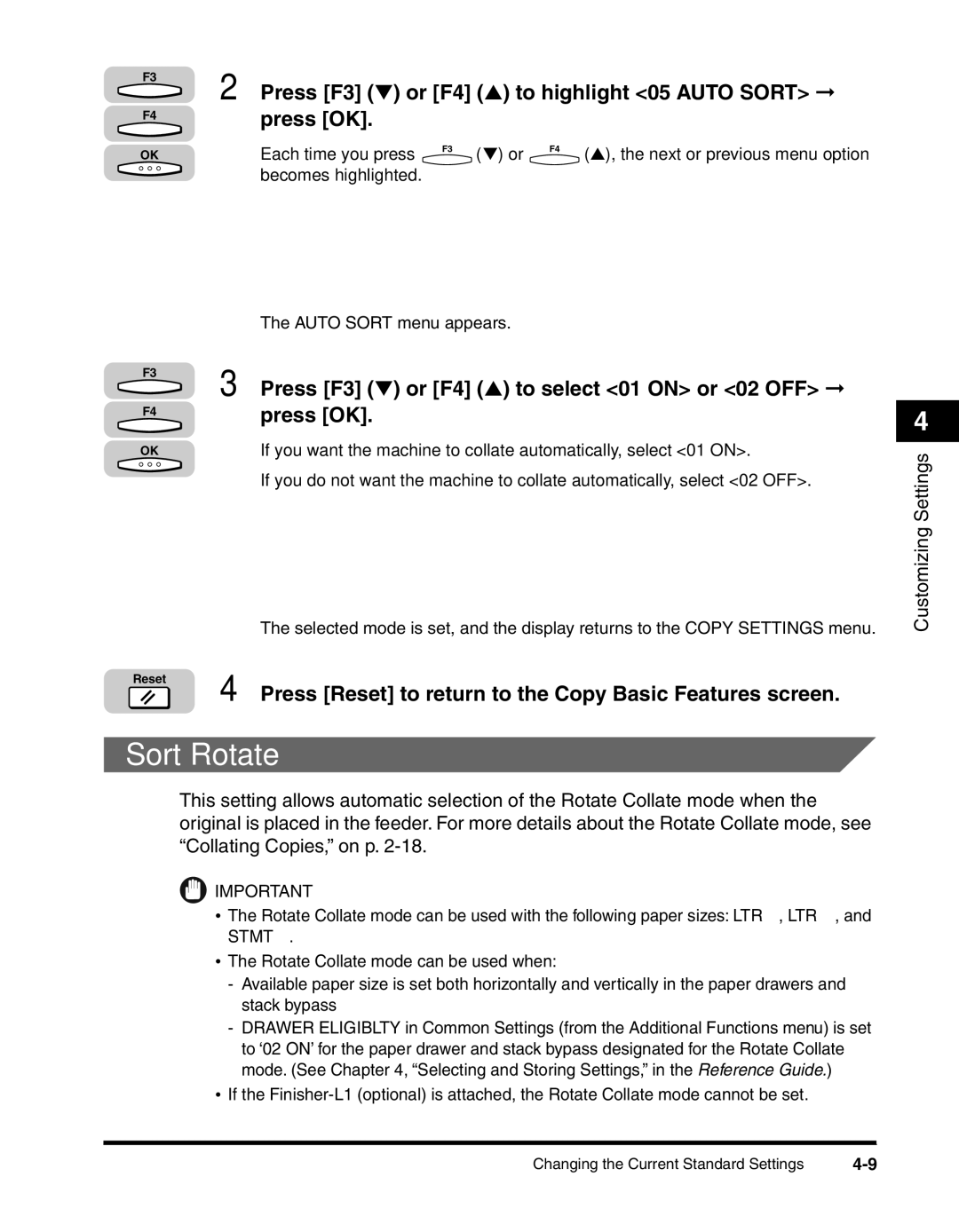 Canon 2010F manual Sort Rotate, Press F3 or F4 to highlight 05 Auto Sort Press OK 