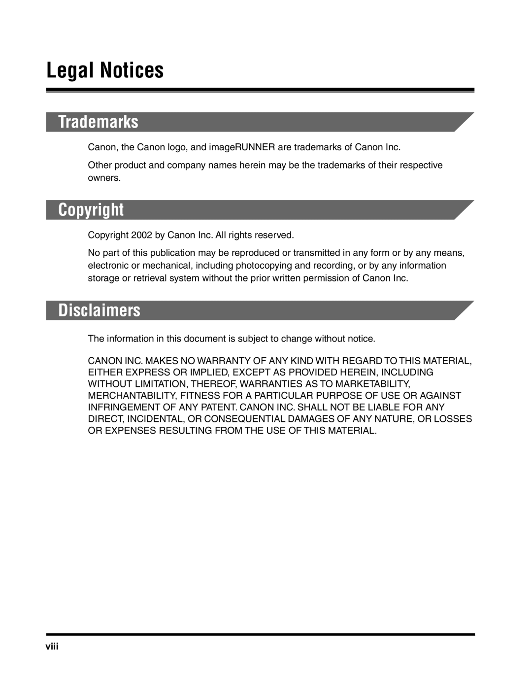 Canon 2010F manual Legal Notices, Trademarks, Copyright, Disclaimers, Viii 