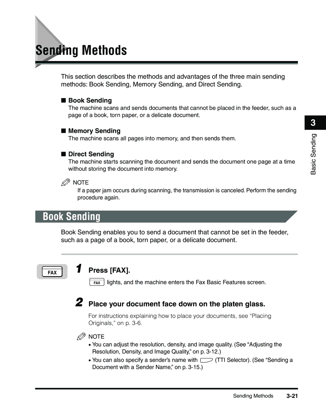 Canon 2010F manual Sending Methods, Book Sending, Place your document face down on the platen glass 