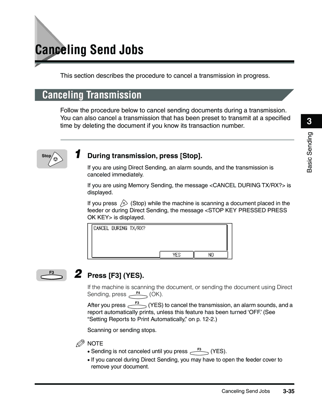 Canon 2010F manual Canceling Send Jobs, Canceling Transmission, During transmission, press Stop, Press F3 YES 