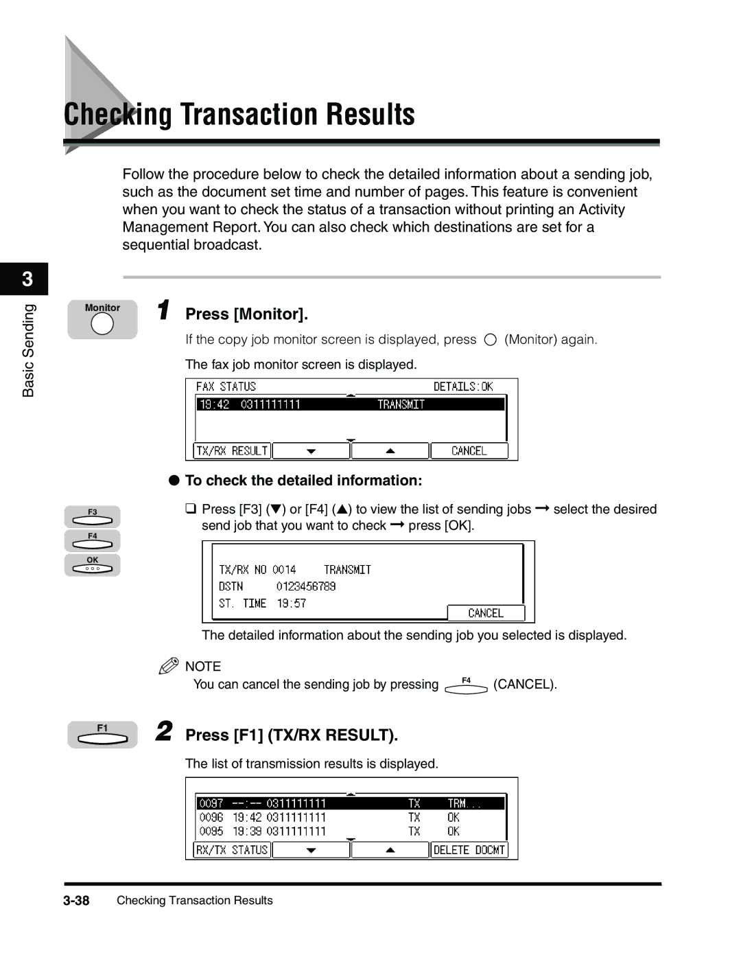 Canon 2010F Checking Transaction Results, To check the detailed information, You can cancel the sending job by pressing 