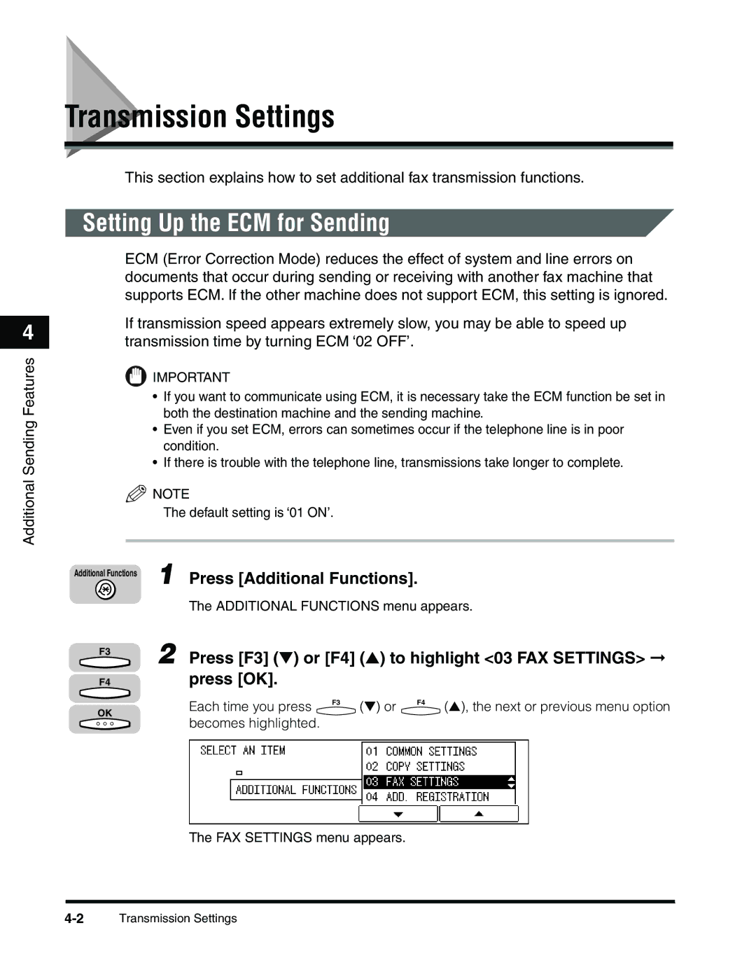 Canon 2010F manual Transmission Settings, Setting Up the ECM for Sending 