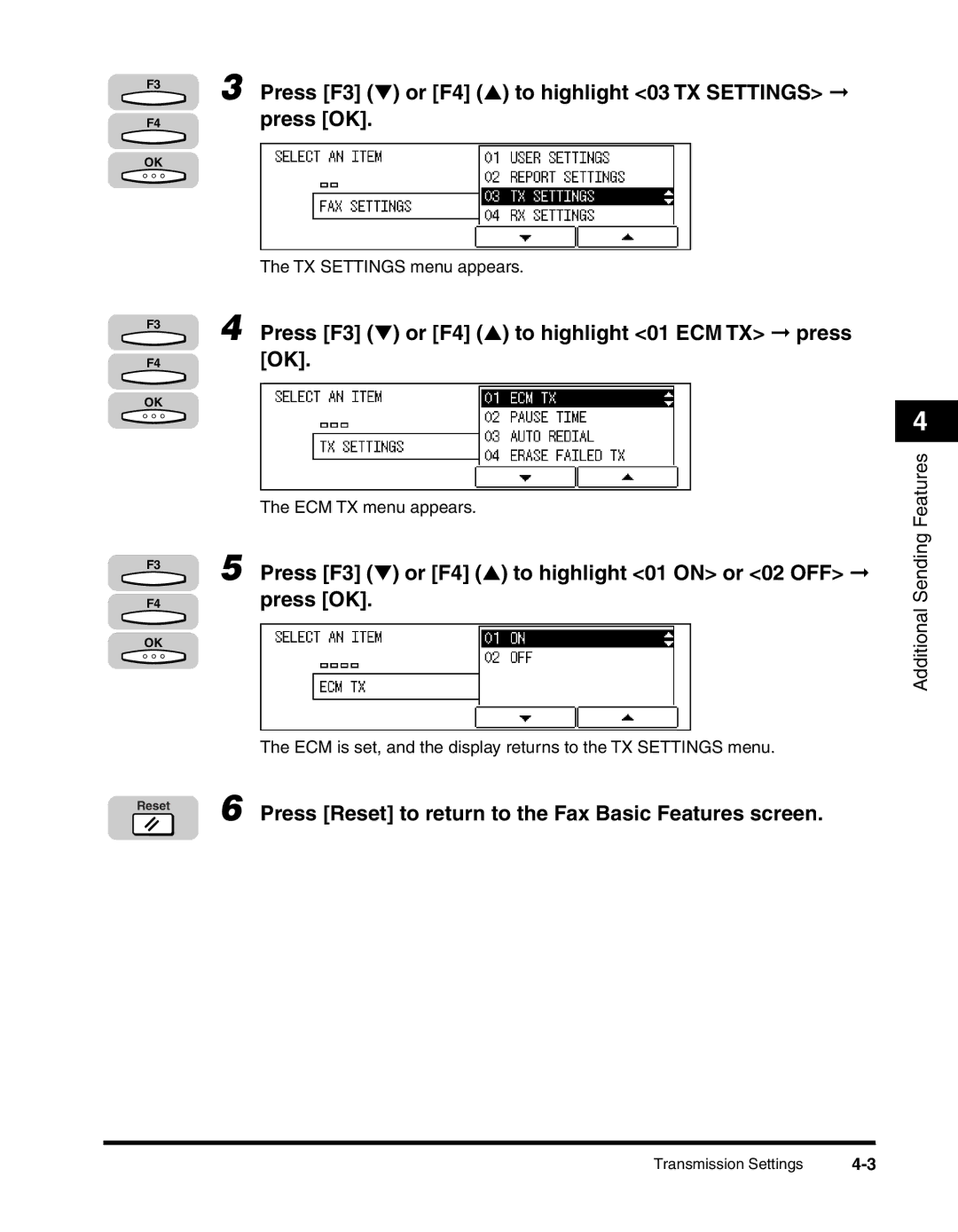 Canon 2010F manual Press F3 or F4 to highlight 01 ECM TX press OK, Press F3 or F4 to highlight 01 on or 02 OFF, Features 