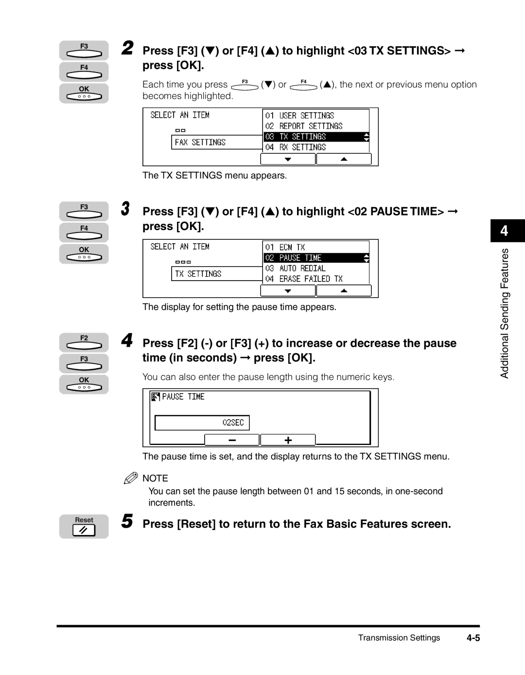 Canon 2010F manual Press F3 or F4 to highlight 02 Pause Time press OK 