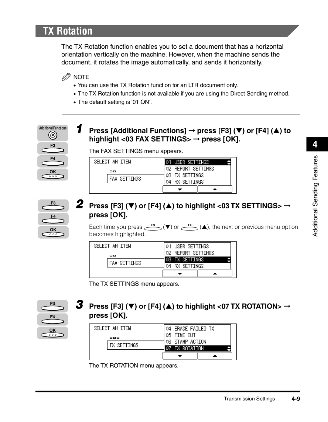 Canon 2010F manual TX Rotation, Press F3 or F4 to highlight 03 TX Settings 