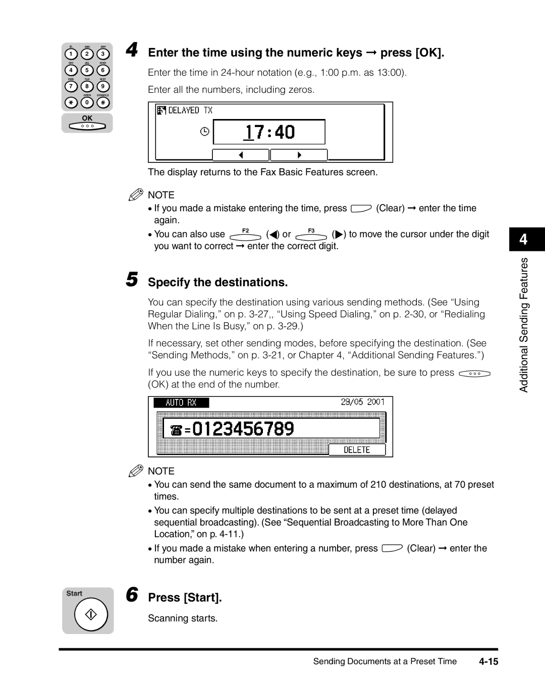 Canon 2010F manual Enter the time using the numeric keys press OK, Specify the destinations, Scanning starts 