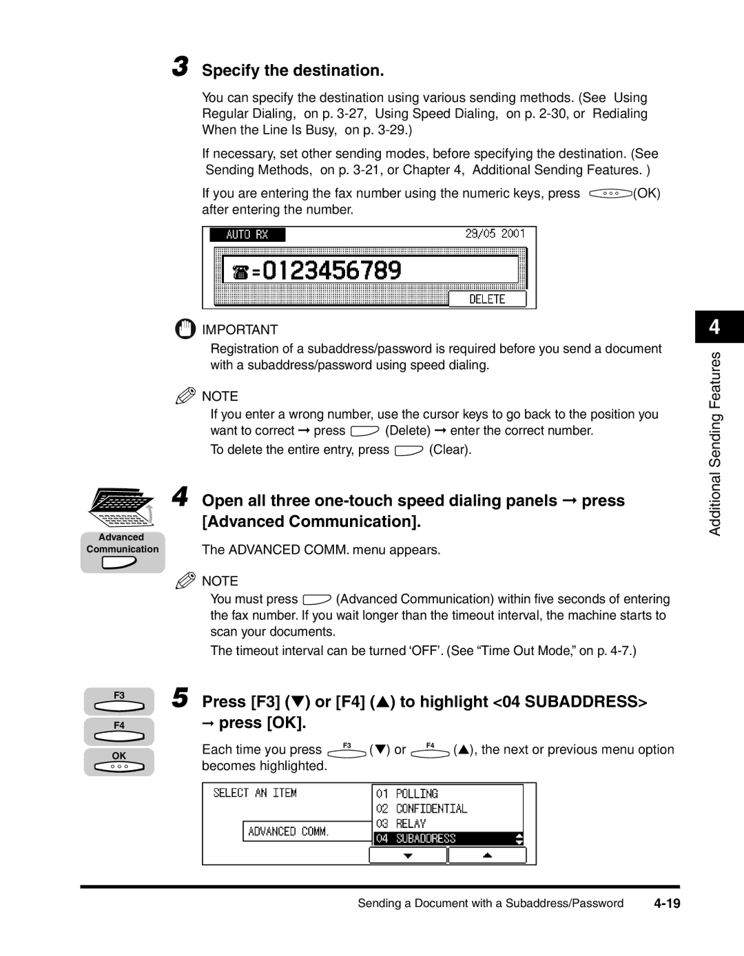 Canon 2010F manual Press F3 or F4 to highlight 04 Subaddress Press OK, Additional 