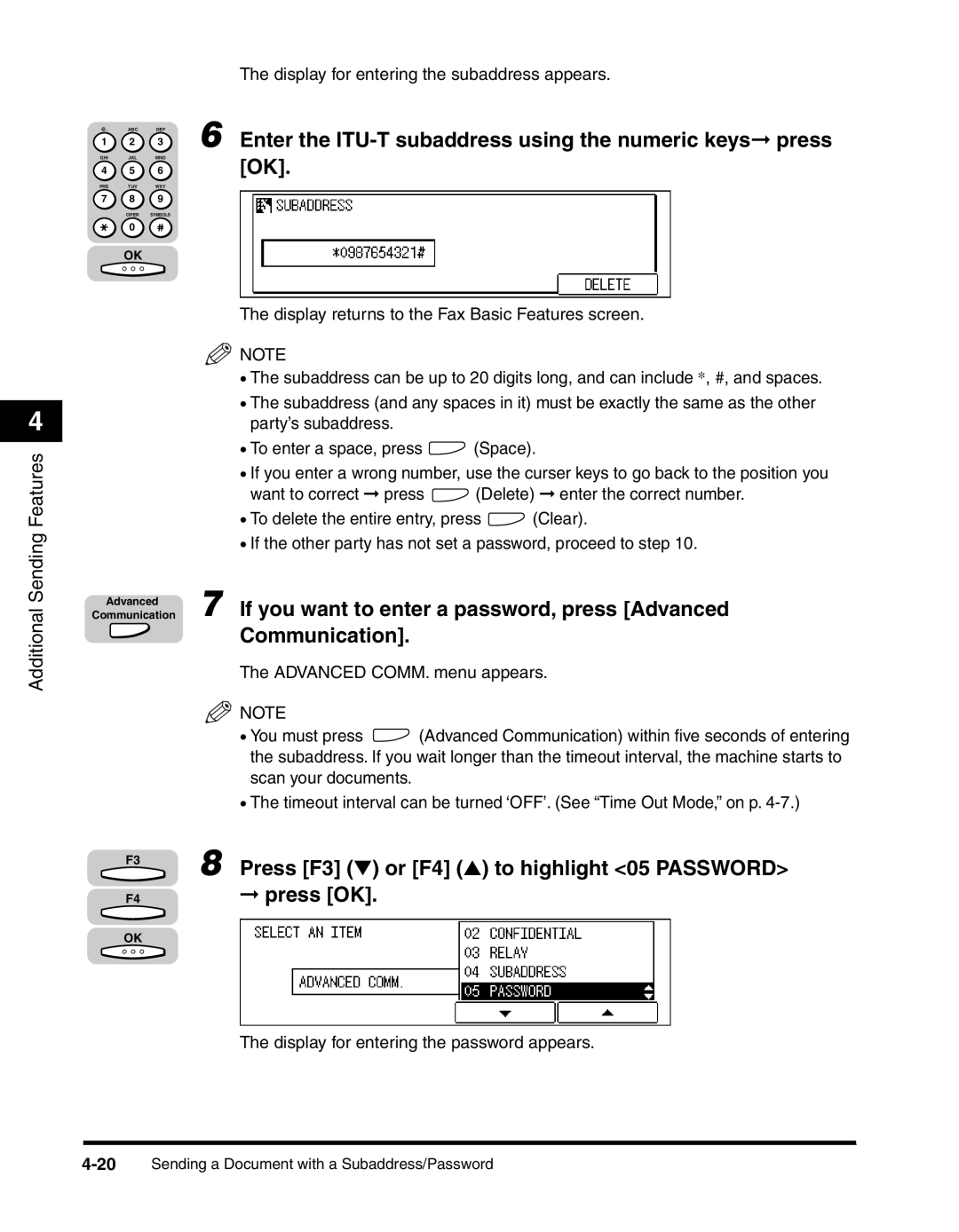 Canon 2010F manual Press F3 or F4 to highlight 05 Password Press OK, Display for entering the subaddress appears 