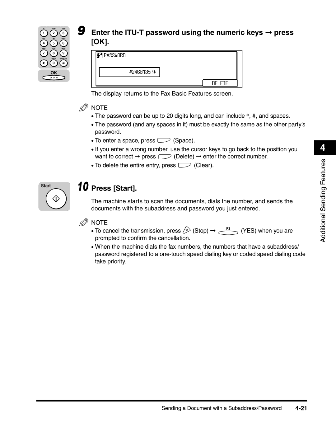 Canon 2010F manual Enter the ITU-T password using the numeric keys press, Press Start 