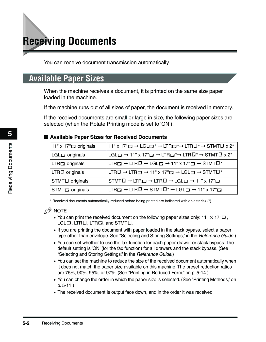 Canon 2010F manual Receiving Documents, Available Paper Sizes for Received Documents 