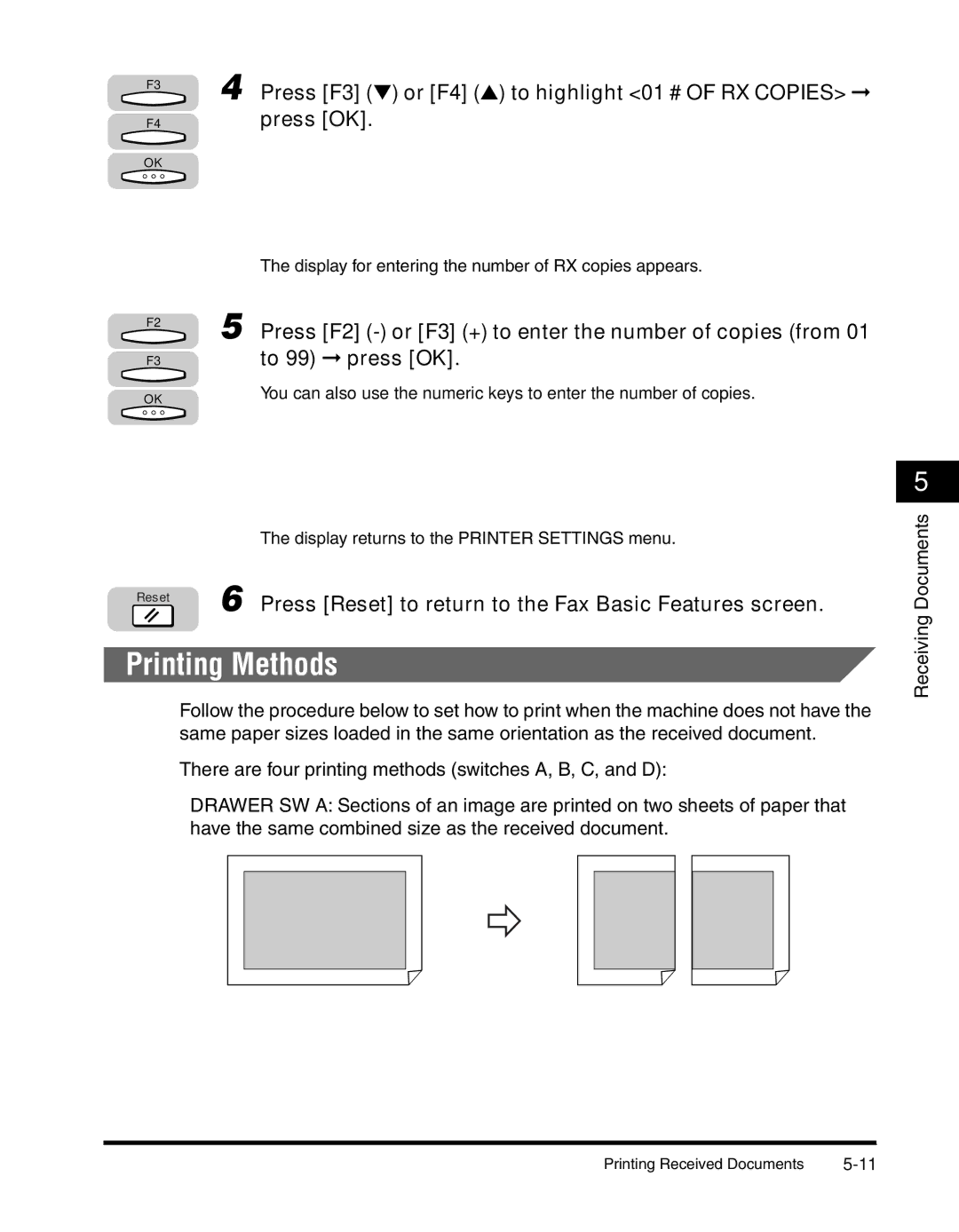 Canon 2010F manual Printing Methods, Press F3 or F4 to highlight 01 # of RX Copies, To 99 press OK 