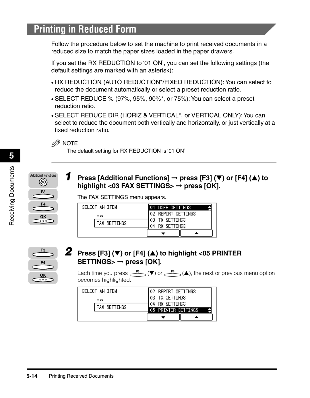 Canon 2010F manual Printing in Reduced Form, Press F3 or F4 to highlight 05 Printer 