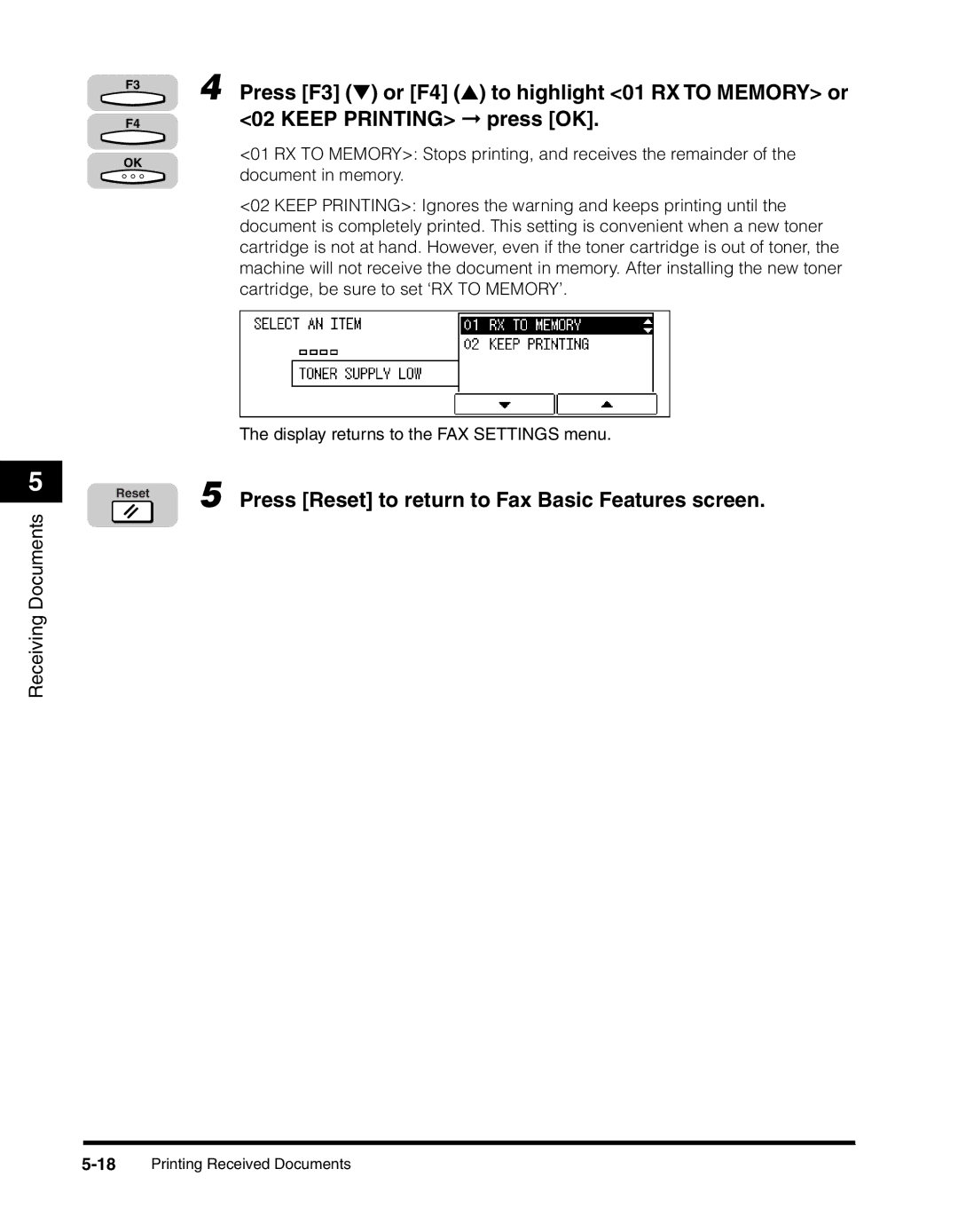 Canon 2010F manual Press Reset to return to Fax Basic Features screen 