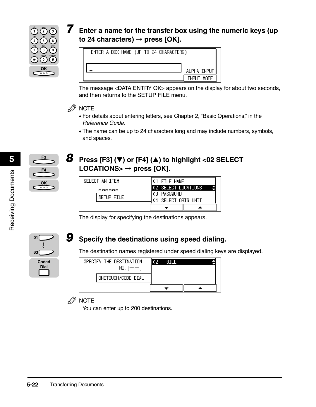 Canon 2010F Enter a name for the transfer box using the numeric keys up, To 24 characters press OK, Locations press OK 