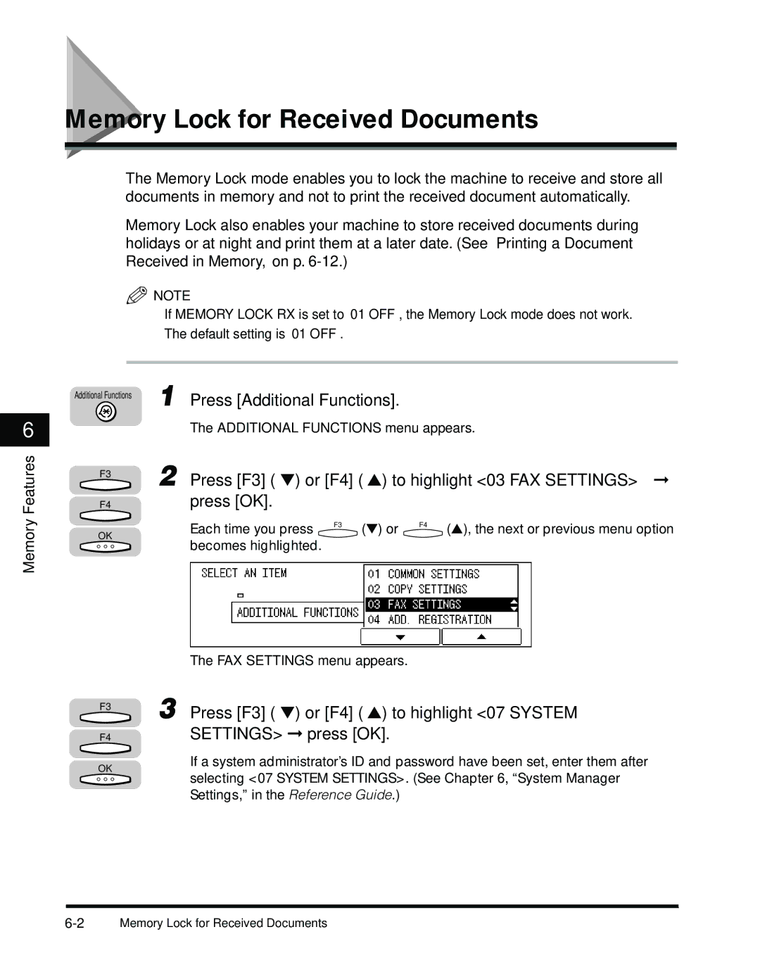 Canon 2010F manual Memory Lock for Received Documents, Press F3 or F4 to highlight 07 System 