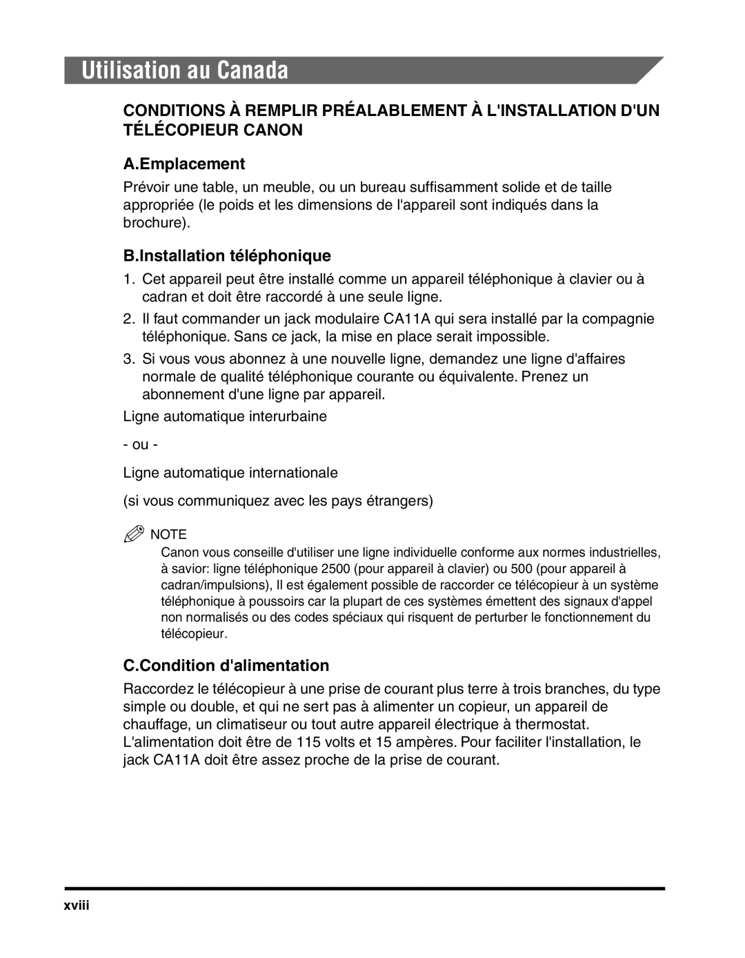 Canon 2010F manual Utilisation au Canada, Emplacement, Installation téléphonique, Condition dalimentation, Xviii 