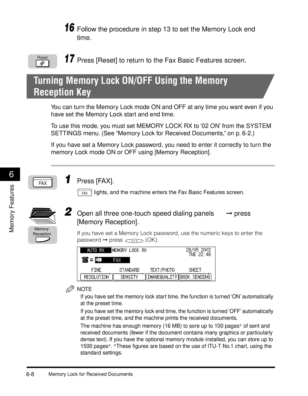 Canon 2010F Turning Memory Lock ON/OFF Using the Memory Reception Key, Follow the procedure in to set the Memory Lock end 