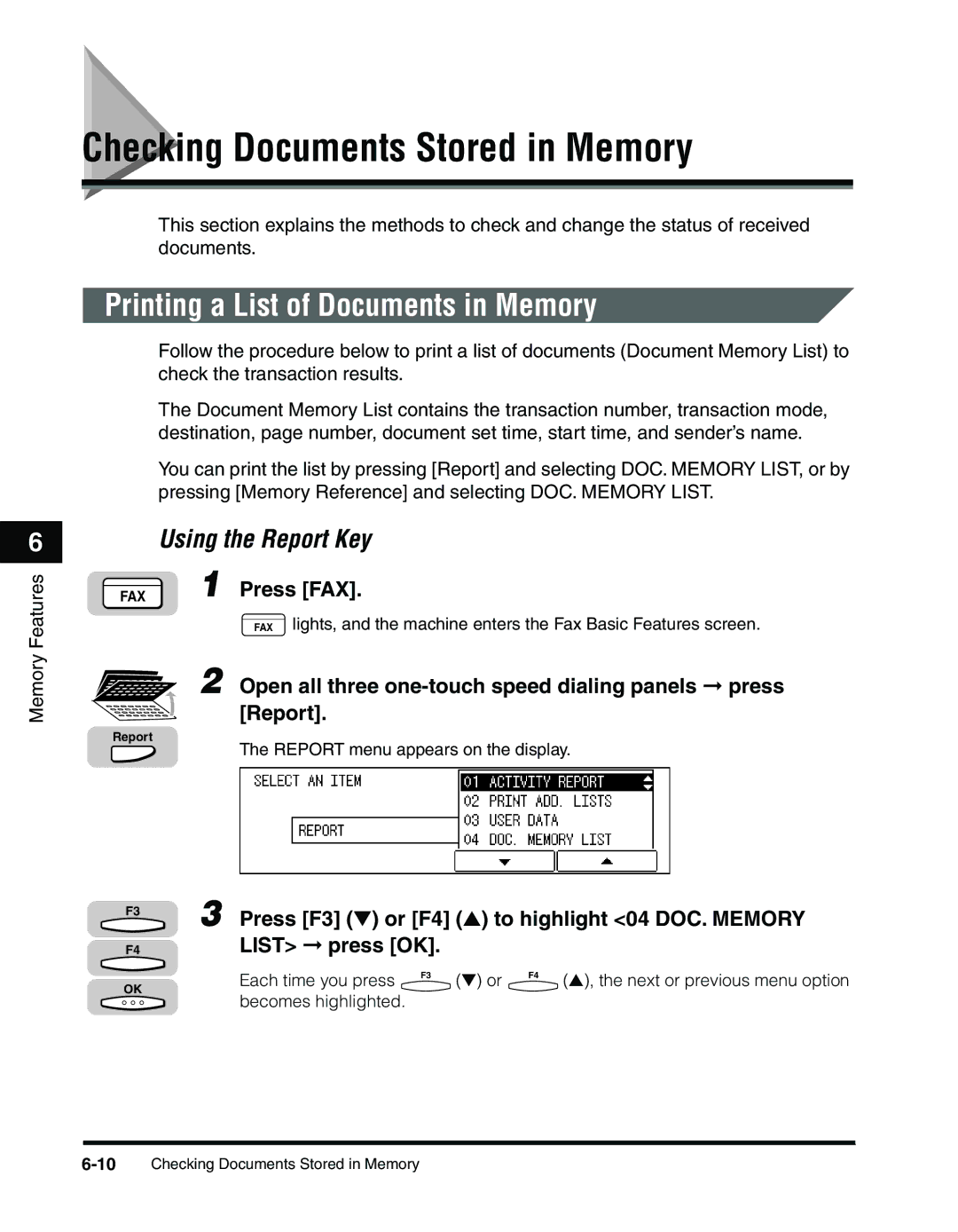 Canon 2010F manual Checking Documents Stored in Memory, Printing a List of Documents in Memory 