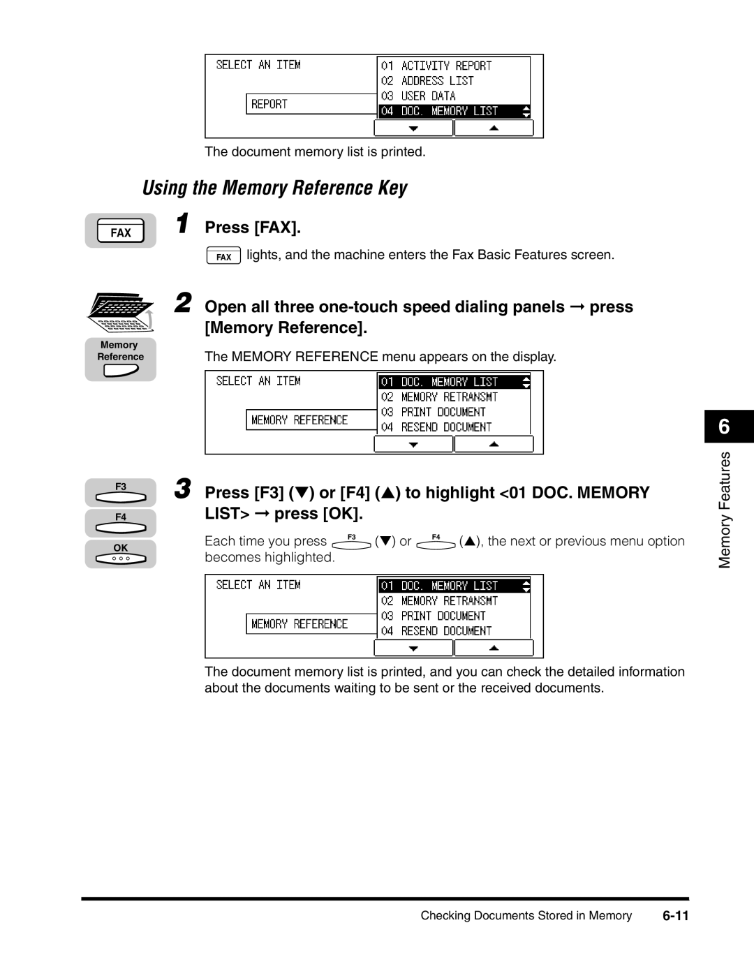 Canon 2010F manual Memory Reference, Press F3 or F4 to highlight 01 DOC. Memory, List press OK 