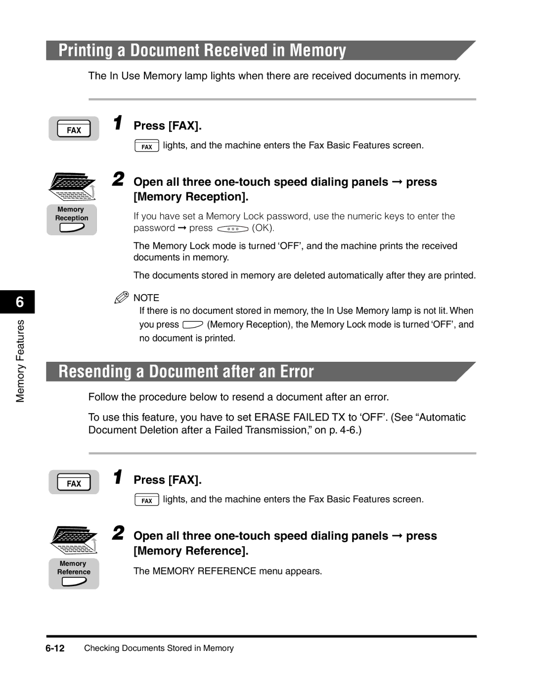 Canon 2010F Printing a Document Received in Memory, Resending a Document after an Error, Memory Reference menu appears 