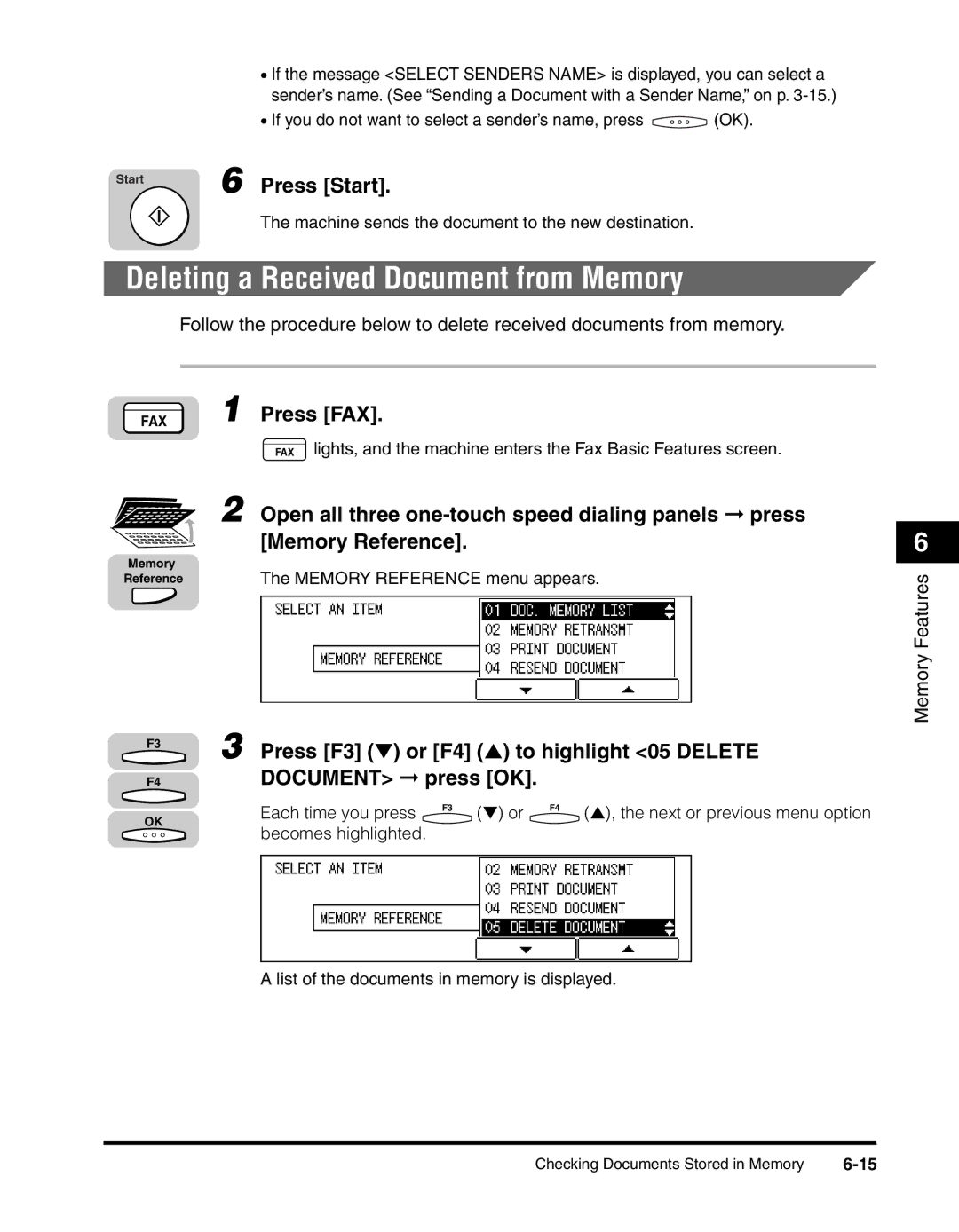 Canon 2010F manual Deleting a Received Document from Memory, Press F3 or F4 to highlight 05 Delete 