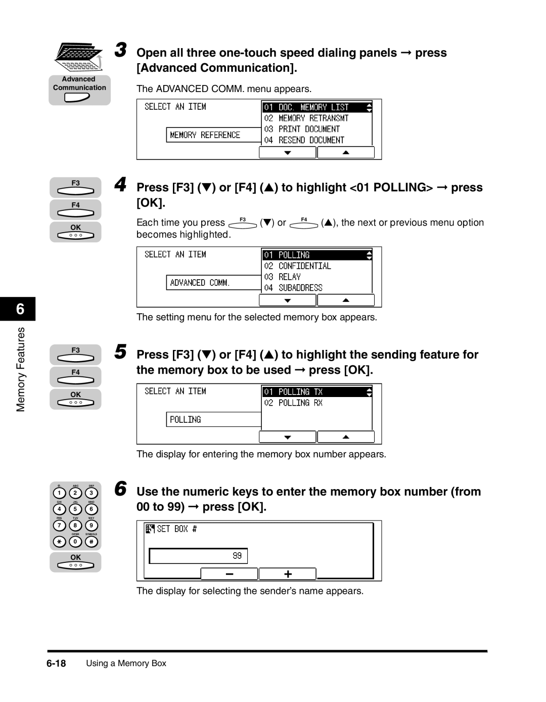 Canon 2010F manual Advanced Communication, Press F3 or F4 to highlight 01 Polling press, Memory box to be used press OK 