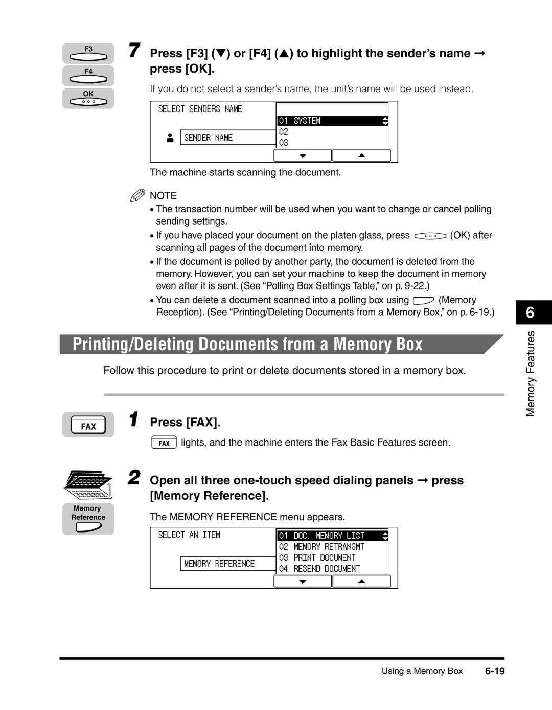 Canon 2010F manual Printing/Deleting Documents from a Memory Box, Press F3 or F4 to highlight the sender’s name 