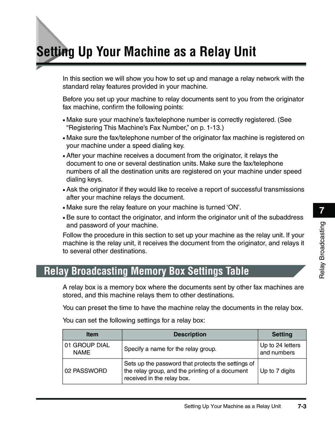 Canon 2010F manual Setting Up Your Machine as a Relay Unit, Relay Broadcasting Memory Box Settings Table 