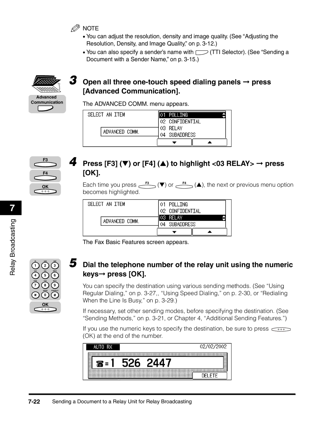 Canon 2010F manual Press F3 or F4 to highlight 03 Relay press OK 