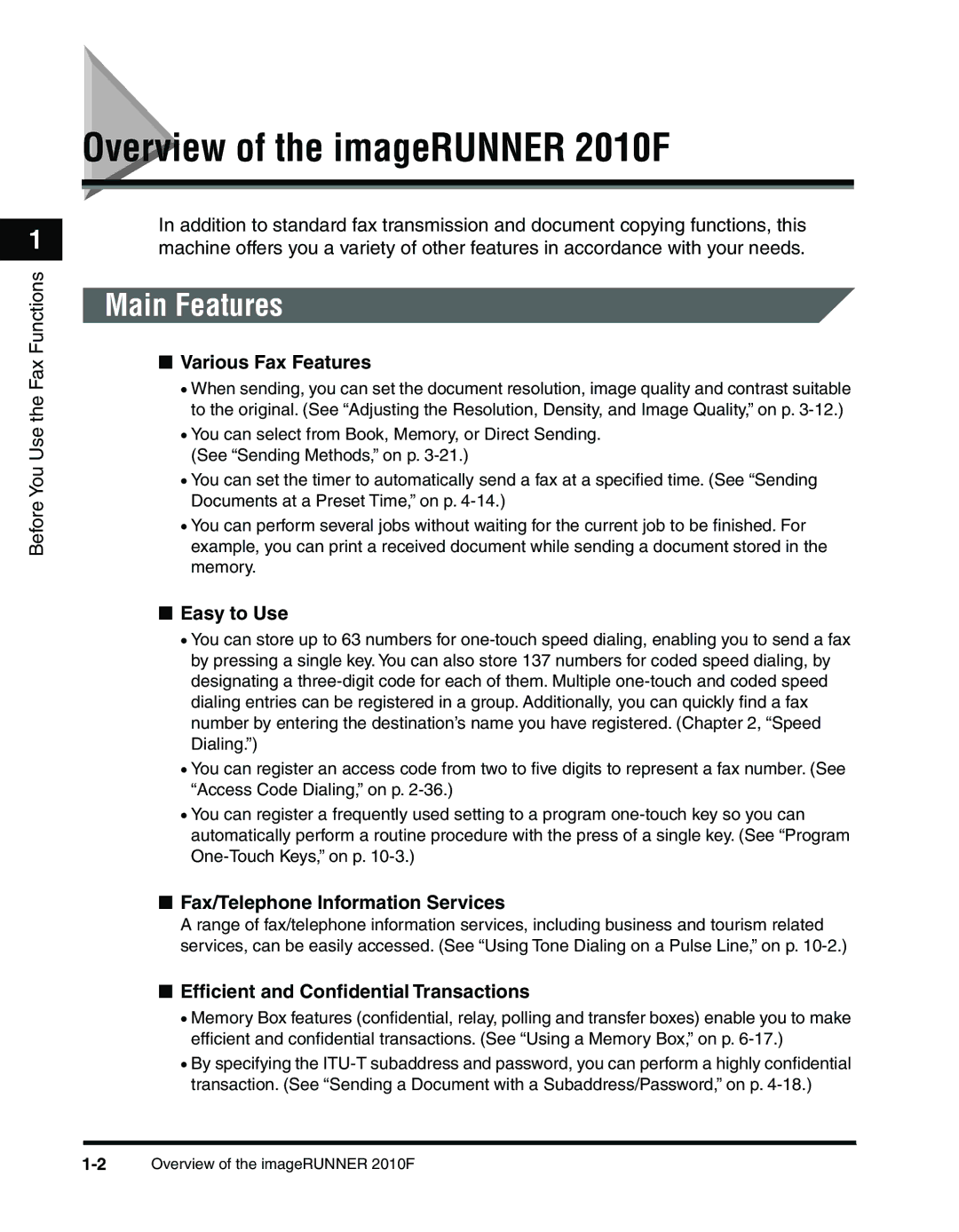 Canon manual Overview of the imageRUNNER 2010F, Main Features 