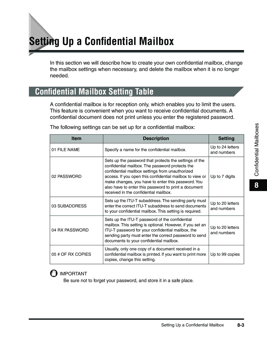 Canon 2010F manual Setting Up a Conﬁdential Mailbox, Conﬁdential Mailbox Setting Table 