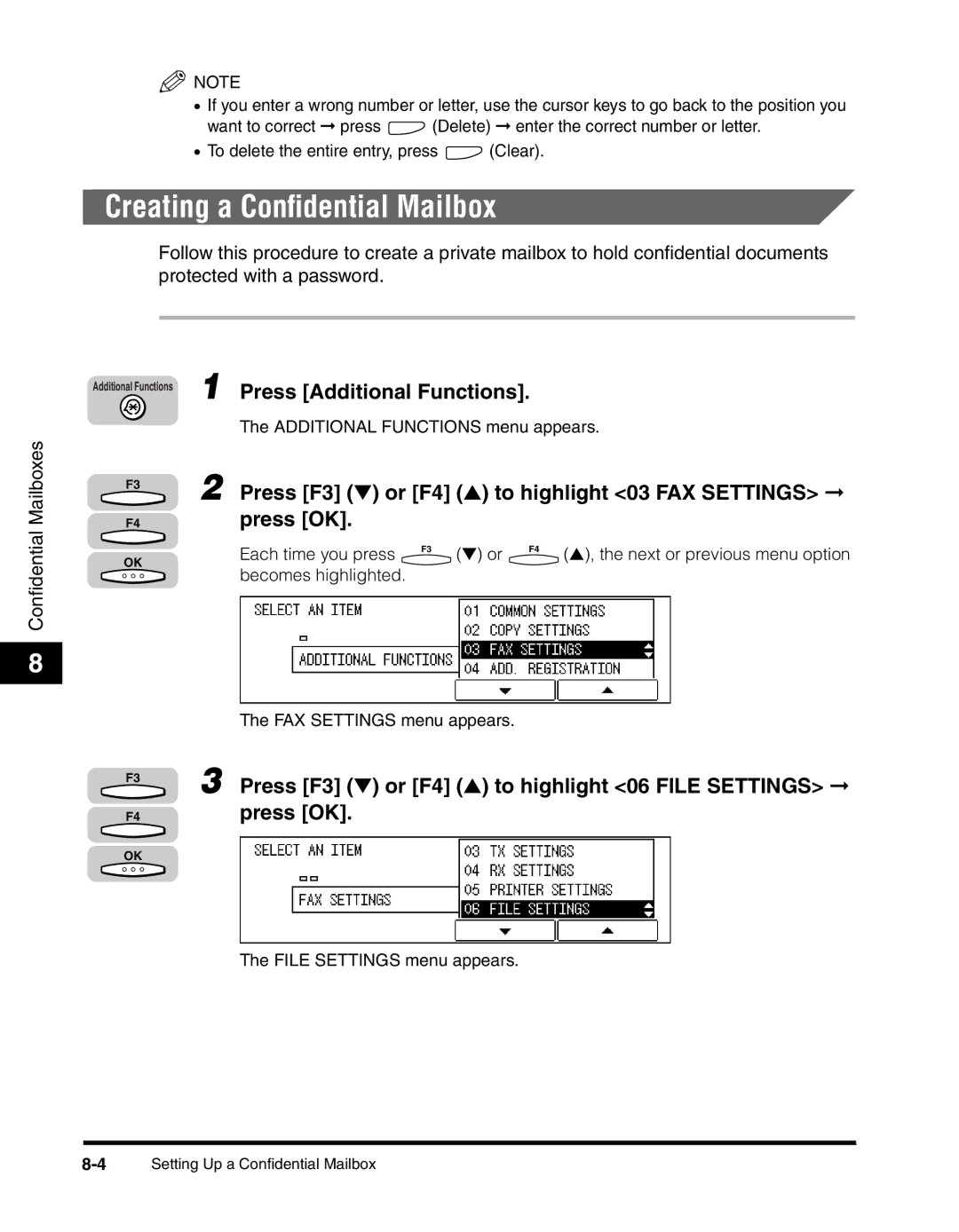 Canon 2010F manual Creating a Conﬁdential Mailbox, Press Additional Functions 