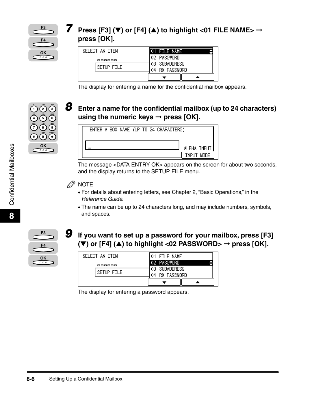 Canon 2010F manual Press F3 or F4 to highlight 01 File Name, Using the numeric keys press OK 